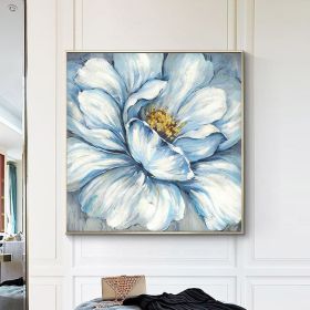 Handmade Gold Foil Abstract Oil Painting Wall Art Modern Minimalist Blue Color Flowers Canvas Home Decorative For Living Room No Frame (size: 150x150cm)