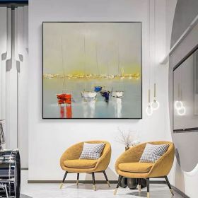 Ocean Wall Art Canvas Oil Painting Sunrise Bathroom Handmade Boat Landscape Posters Picture for Bedroom Beach House Decor (size: 90x90cm)